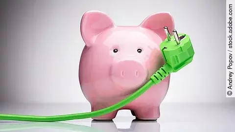 Ein Sparschwein und ein grünes Stromkabel.