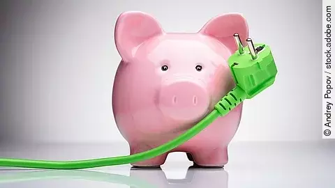 Ein Sparschwein und ein grünes Stromkabel.