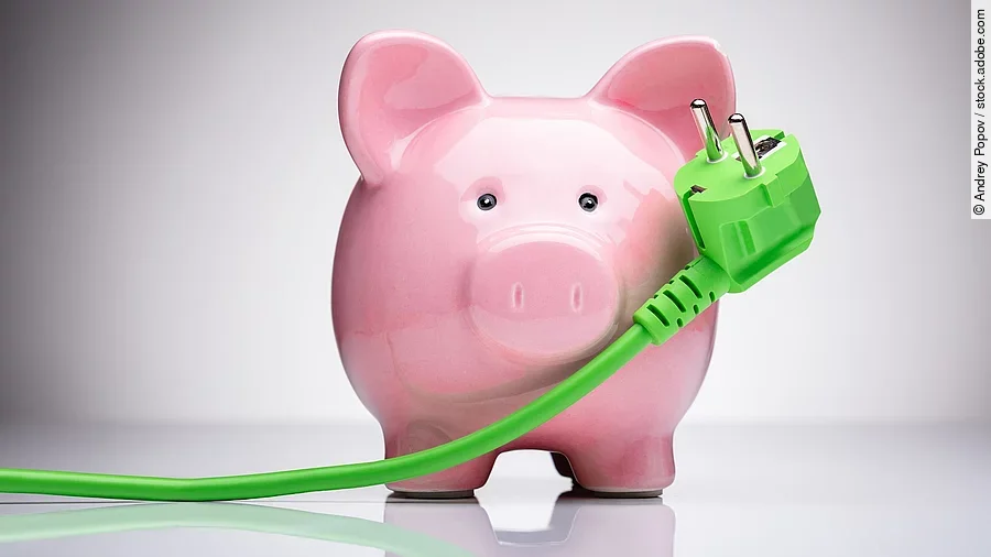 Energiesparen Ein Sparschwein und ein grünes Stromkabel.