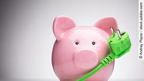 Ein Sparschwein und ein grünes Stromkabel.