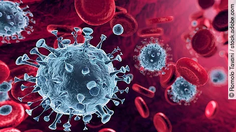 Coronavirus Mehrere Viren und rote Blutkörperchen strömen durch die Blutbahn.
