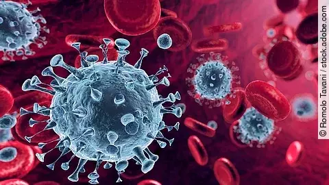 Mehrere Viren und rote Blutkörperchen strömen durch die Blutbahn.