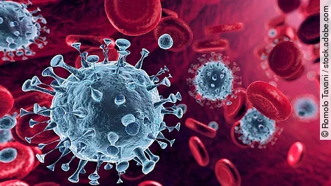 Coronavirus Mehrere Viren und rote Blutkörperchen strömen durch die Blutbahn.