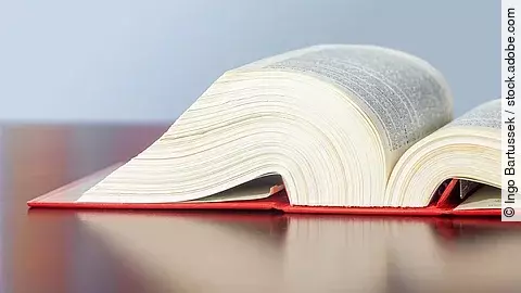 Gesetzbuch liegt aufgeschlagen auf einem Tisch.