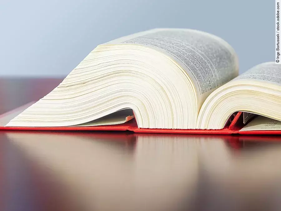 Gesetzbuch liegt aufgeschlagen auf einem Tisch.