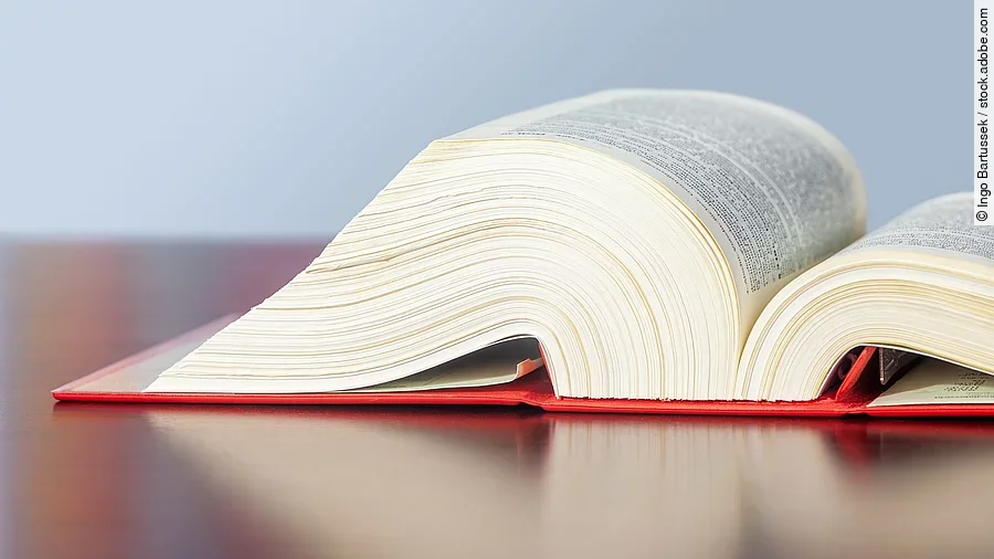 Gesetzbuch liegt aufgeschlagen auf einem Tisch.