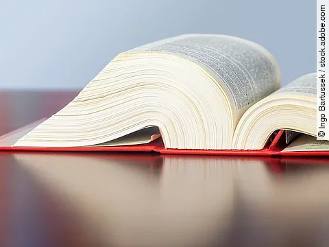 Gesetzbuch liegt aufgeschlagen auf einem Tisch.