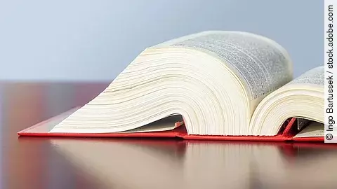 Gesetzbuch liegt aufgeschlagen auf einem Tisch.