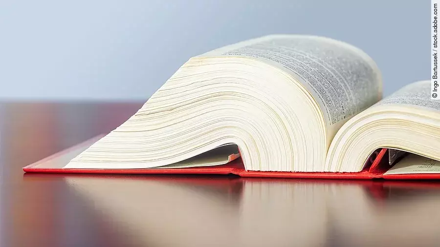 Gesetzbuch liegt aufgeschlagen auf einem Tisch.