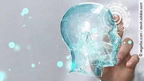 Virtuelle Kopf-Silhouette umgeben von einem Datennetz.