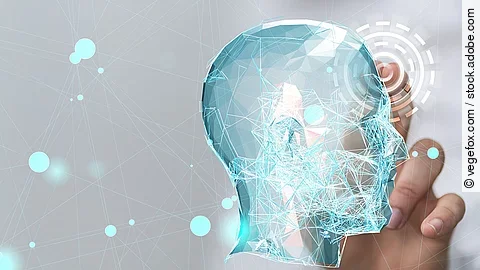 Künstliche Intelligenz Virtuelle Kopf-Silhouette umgeben von einem Datennetz.