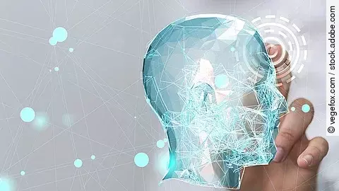 Virtuelle Kopf-Silhouette umgeben von einem Datennetz.