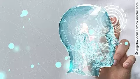 Künstliche Intelligenz Virtuelle Kopf-Silhouette umgeben von einem Datennetz.