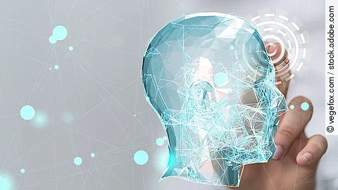 Künstliche Intelligenz Virtuelle Kopf-Silhouette umgeben von einem Datennetz.