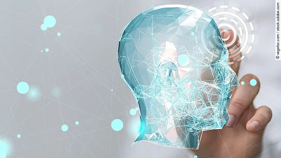 Virtuelle Kopf-Silhouette umgeben von einem Datennetz.