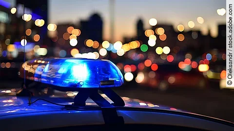 Blaulicht auf dem Dach eines Einsatzfahrzeugs in der Abenddämmerung.