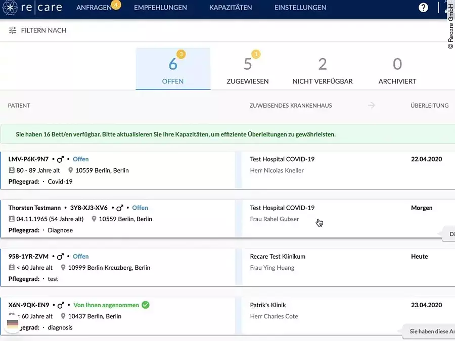 Demo-Version COVID-19 Krankenhausverlegungen