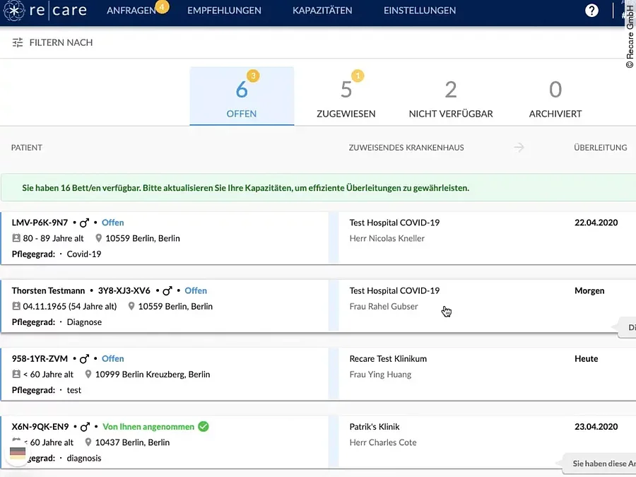 Demo-Version COVID-19 Krankenhausverlegungen