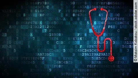 Daten Vor einem dunkelblauen Hintergrund aus Daten in Form von Zahlen und Buchstaben, ist ein rotes Stethoskop.