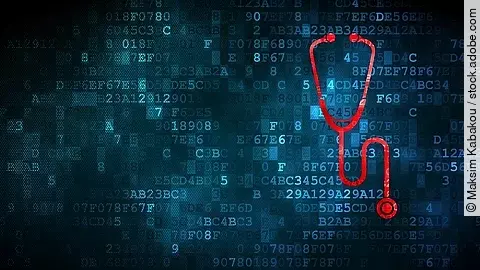 Daten Vor einem dunkelblauen Hintergrund aus Daten in Form von Zahlen und Buchstaben, ist ein rotes Stethoskop.