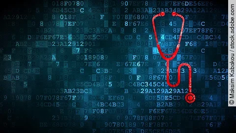 Vor einem dunkelblauen Hintergrund aus Daten in Form von Zahlen und Buchstaben, ist ein rotes Stethoskop.