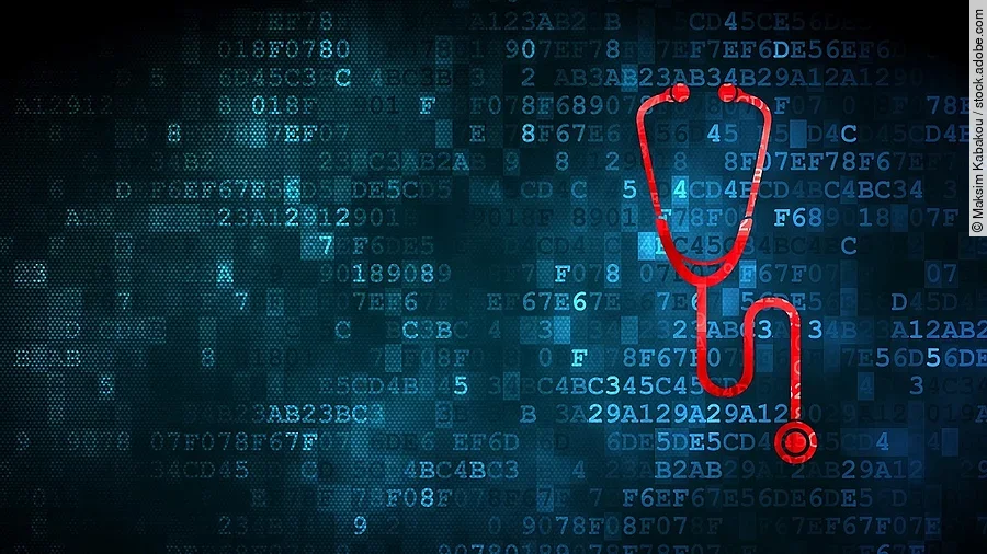 Vor einem dunkelblauen Hintergrund aus Daten in Form von Zahlen und Buchstaben, ist ein rotes Stethoskop.