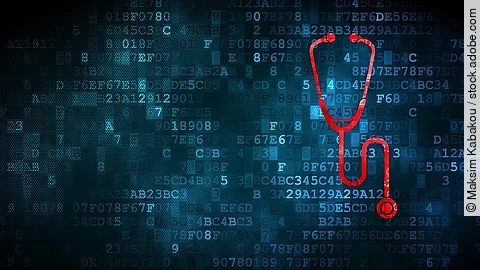 Vor einem dunkelblauen Hintergrund aus Daten in Form von Zahlen und Buchstaben, ist ein rotes Stethoskop.