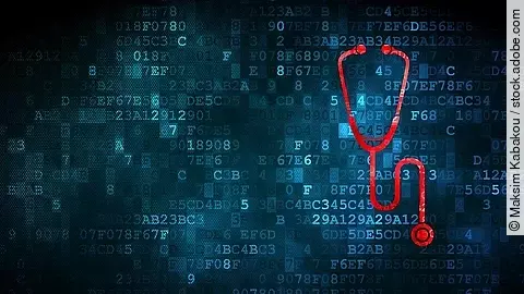 Daten Vor einem dunkelblauen Hintergrund aus Daten in Form von Zahlen und Buchstaben, ist ein rotes Stethoskop.