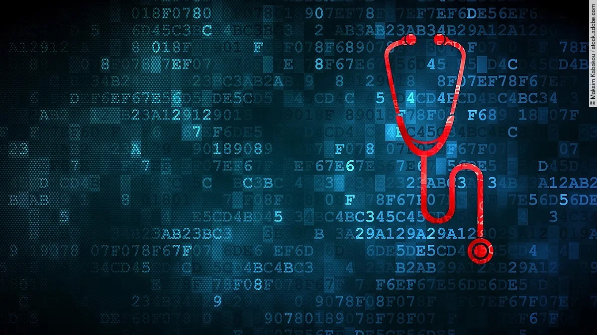 Vor einem dunkelblauen Hintergrund aus Daten in Form von Zahlen und Buchstaben, ist ein rotes Stethoskop.