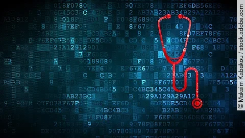 Vor einem dunkelblauen Hintergrund aus Daten in Form von Zahlen und Buchstaben, ist ein rotes Stethoskop.
