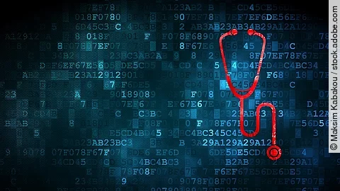 Vor einem dunkelblauen Hintergrund aus Daten in Form von Zahlen und Buchstaben, ist ein rotes Stethoskop.
