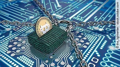 Ein Schloss mit binärem Code versehen liegt auf einem Chip. Das Schloss wird gehalten von vier Ketten und stellt so den Datenschutz dar.