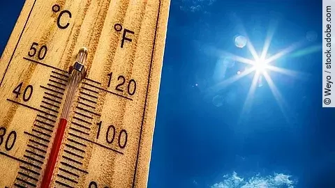 Thermometer Ein Thermometer, das 40 Grad Celsius zeigt neben blauem Himmel und Sonne