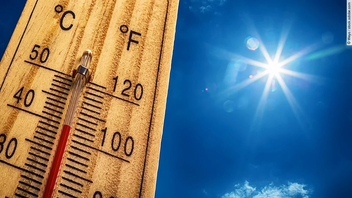 Ein Thermometer, das 40 Grad Celsius zeigt neben blauem Himmel und Sonne