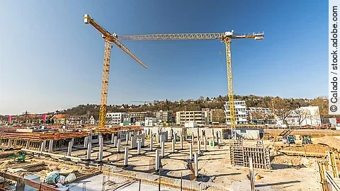 Baustelle mit Baugrube und Kränen Baustelle mit Baugrube und Kränen