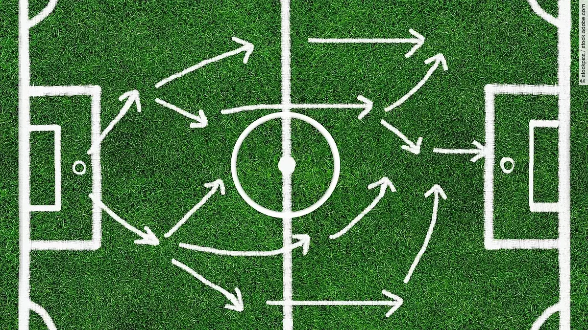 Grafisches Fussballfeld mit taktischen Pfeilen