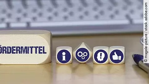 Ein Holzklotz mit der Aufschrift Fördermittel. Daneben liegen Würfel mit den Symbolen i (für Information), Zahnrädchen, ein Kopf mit einem Ausrufezeichen und ein Daumen-hoch.