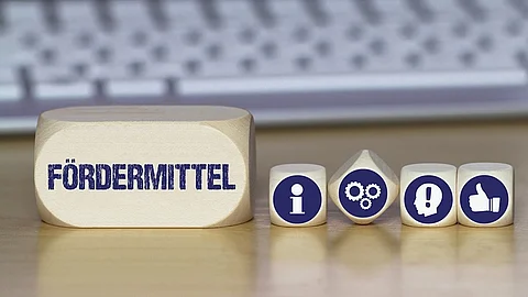 Ein Holzklotz mit der Aufschrift Fördermittel. Daneben liegen Würfel mit den Symbolen i (für Information), Zahnrädchen, ein Kopf mit einem Ausrufezeichen und ein Daumen-hoch.