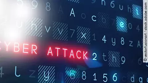 Cyberattacke In einem Raster aus blauen Ziffern und Buchstaben leuchtet der Begriff "Cyber Attack" rot auf.