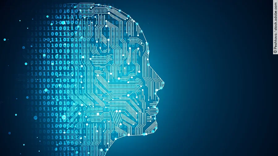 Darstellung Künstlicher Intelligenz durch die Umrisse eines menschlichen Profils. Die Haut besteht aus Netzwerkdiagrammen und binären Codes.