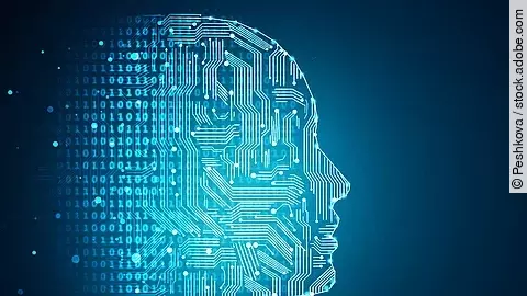 Darstellung Künstlicher Intelligenz durch die Umrisse eines menschlichen Profils. Die Haut besteht aus Netzwerkdiagrammen und binären Codes.