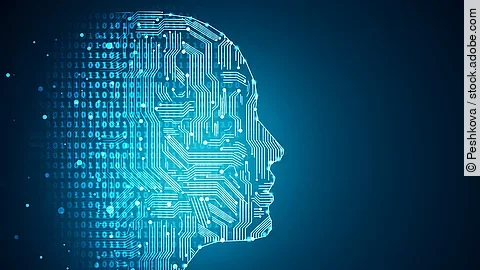 Darstellung Künstlicher Intelligenz durch die Umrisse eines menschlichen Profils. Die Haut besteht aus Netzwerkdiagrammen und binären Codes.
