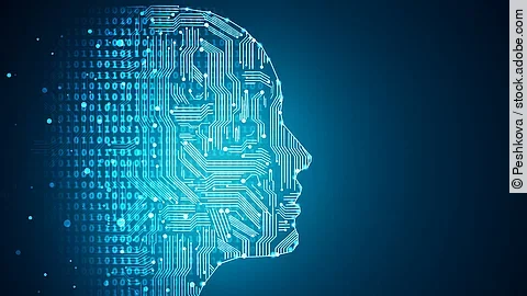 Künstliche Intelligenz Darstellung Künstlicher Intelligenz durch die Umrisse eines menschlichen Profils. Die Haut besteht aus Netzwerkdiagrammen und binären Codes.