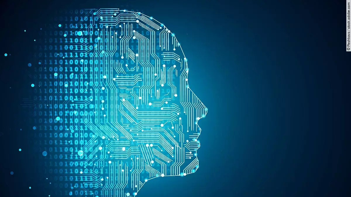Künstliche Intelligenz Darstellung Künstlicher Intelligenz durch die Umrisse eines menschlichen Profils. Die Haut besteht aus Netzwerkdiagrammen und binären Codes.