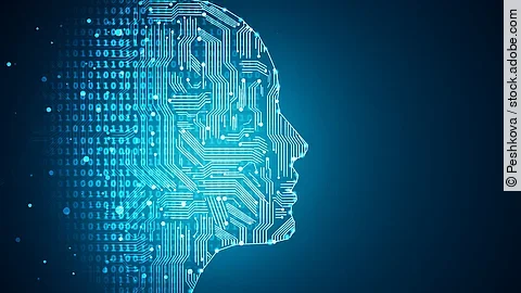 Darstellung Künstlicher Intelligenz durch die Umrisse eines menschlichen Profils. Die Haut besteht aus Netzwerkdiagrammen und binären Codes.
