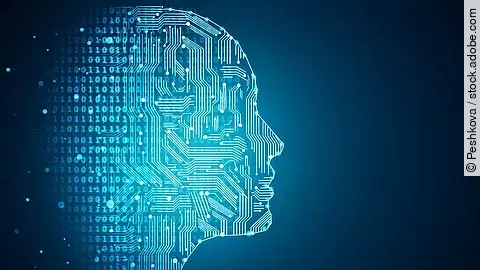 Künstliche Intelligenz Darstellung Künstlicher Intelligenz durch die Umrisse eines menschlichen Profils. Die Haut besteht aus Netzwerkdiagrammen und binären Codes.