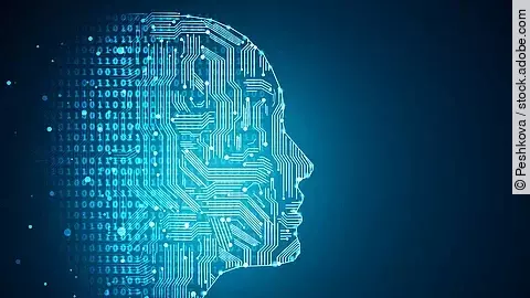 Künstliche Intelligenz Darstellung Künstlicher Intelligenz durch die Umrisse eines menschlichen Profils. Die Haut besteht aus Netzwerkdiagrammen und binären Codes.