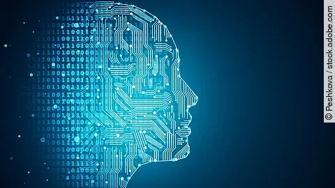 Darstellung Künstlicher Intelligenz durch die Umrisse eines menschlichen Profils. Die Haut besteht aus Netzwerkdiagrammen und binären Codes.
