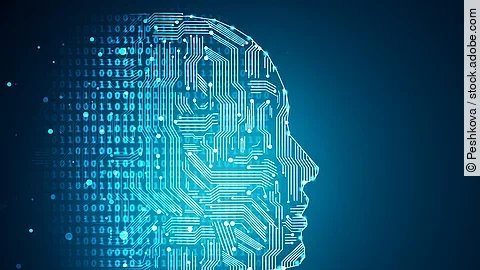 Darstellung Künstlicher Intelligenz durch die Umrisse eines menschlichen Profils. Die Haut besteht aus Netzwerkdiagrammen und binären Codes.
