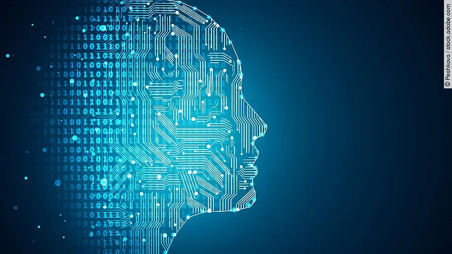 Künstliche Intelligenz Darstellung Künstlicher Intelligenz durch die Umrisse eines menschlichen Profils. Die Haut besteht aus Netzwerkdiagrammen und binären Codes.